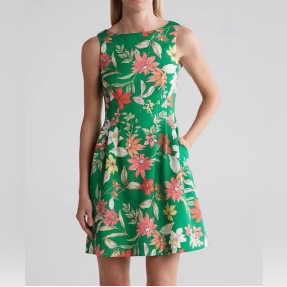 Vince Camuto Green Floral Scuba Fit and Flare Mini Dress